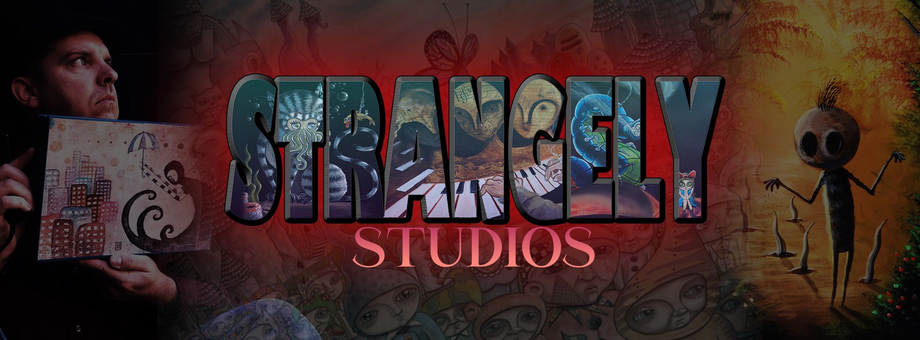 Strangely Studios. Dirk Strangely holding one of his paintings, beside lettering filled with his work.
